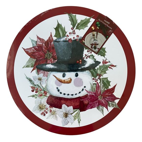 Christmas Cork Backed Hard Placemats 15in Holiday Snowman & Poinsettia 4pc New - Picture 7 of 9